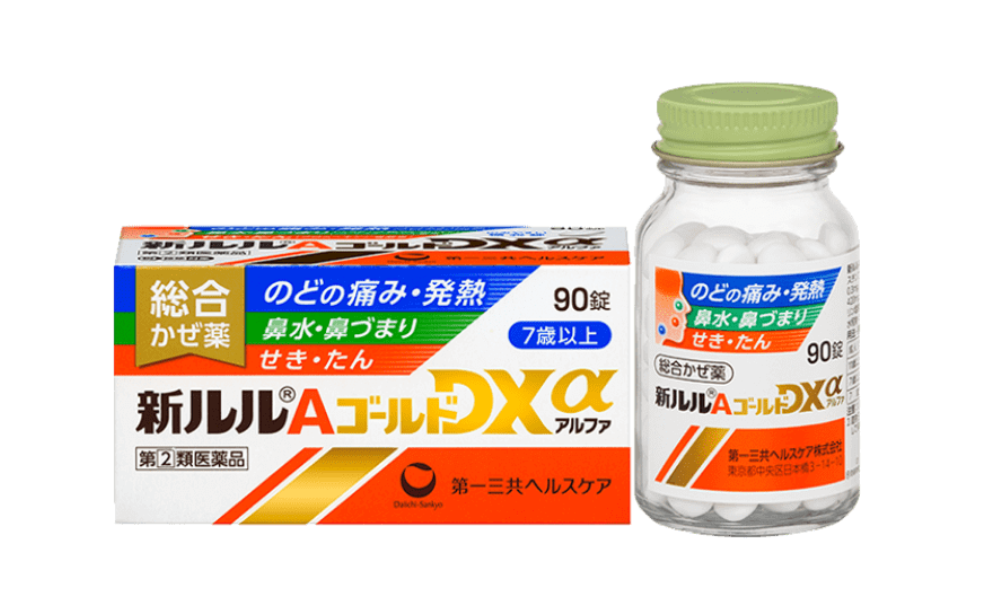 A金DXα（新ルルAゴールドDXα）外盒正面｜喉嚨痛／發燒 重點（7 歲以上）