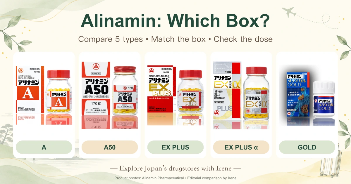 Alinamin A, A50, EX Plus, EX Plus alpha and Medical Gold: five real Japanese packages