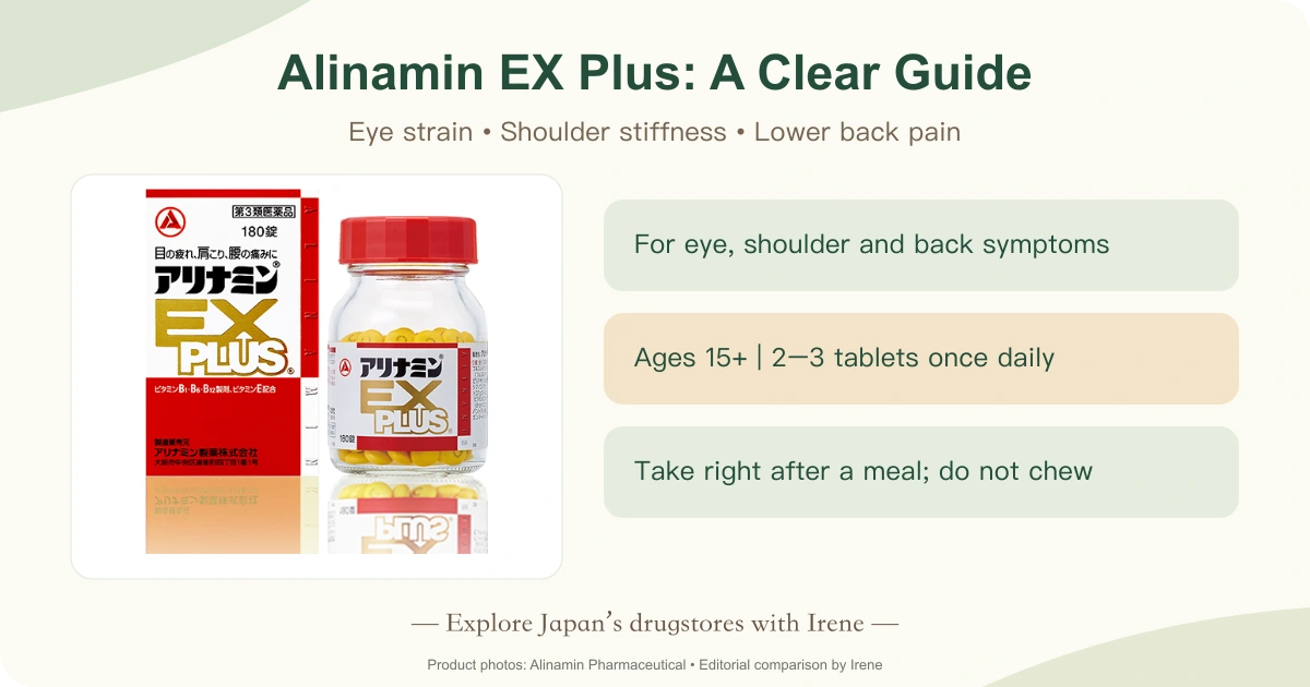 Alinamin EX Plus box and bottle with labelled uses and once-daily directions