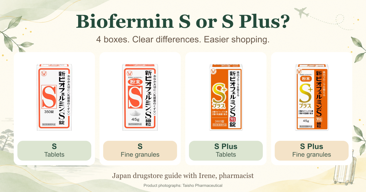 Biofermin S and S Plus: four actual boxes, tablets and fine granules, with Irene’s Japan shopping guide