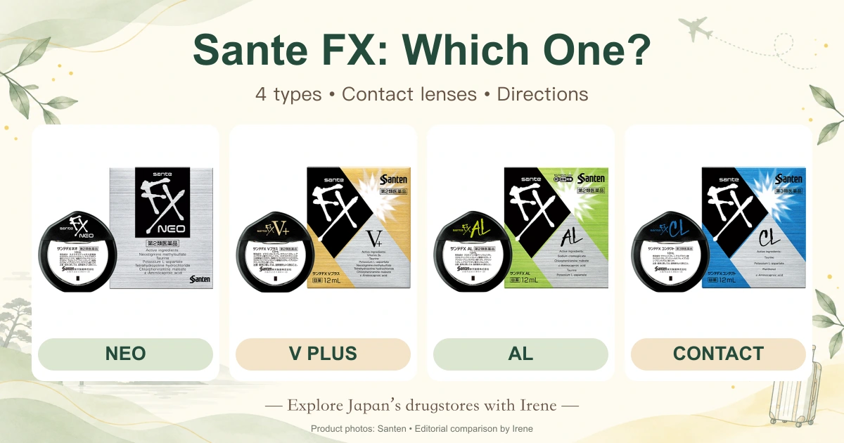 Sante FX Eye Drops: NEO, V Plus, AL or Contact? — official Japanese product packages