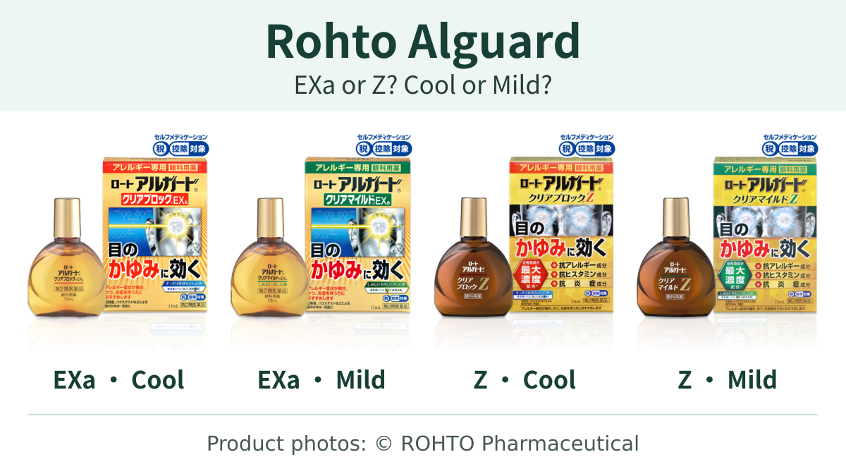Four Japanese Rohto Alguard boxes and bottles: Clear Block EXa, Clear Mild EXa, Clear Block Z and Clear Mild Z.