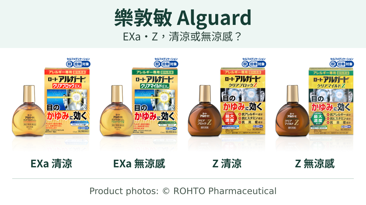 樂敦敏Alguard四款日本官方外盒與瓶身：EXa清涼、EXa無涼感、Z清涼、Z無涼感。