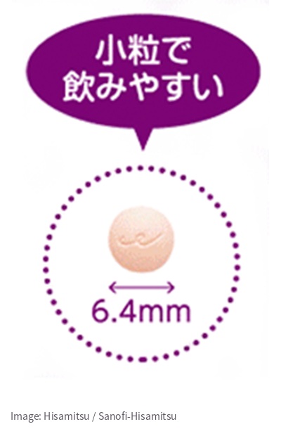 原廠Allegra FX Junior錠劑示意,標示直徑6.4mm;圖片並非實際大小