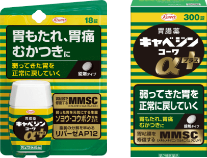 Cabagin Kowa Alpha Plus: 18-tablet pack and 300-tablet box showing αプラス and tablet counts