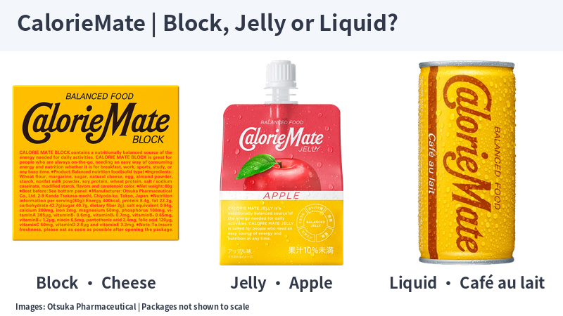 Japanese CalorieMate Cheese four-bar box, Apple jelly pouch and Café au lait can