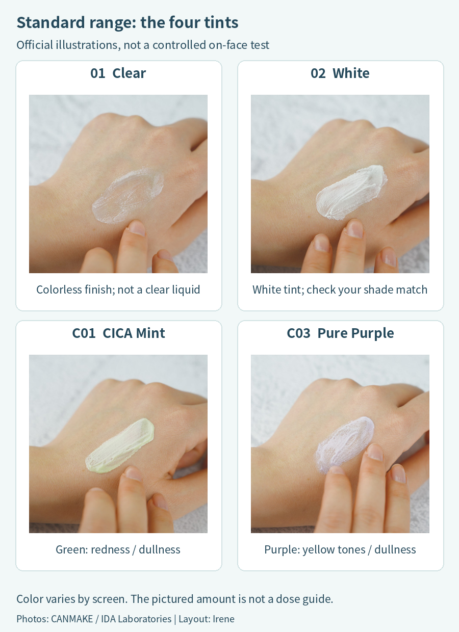 Official CANMAKE hand-application images for standard 01, 02, C01 and C03, showing gel tints