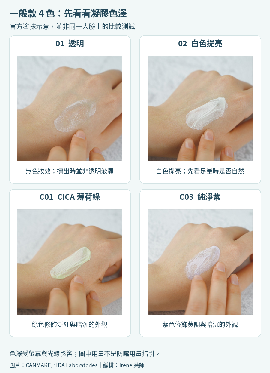 CANMAKE官方一般款01、02、C01與C03手背塗抹示意,顯示四種凝膠色澤