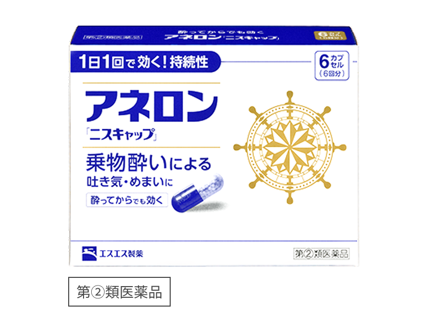 日本ANERON白兔牌暈車藥6顆裝,白底藍字與金色船舵外盒