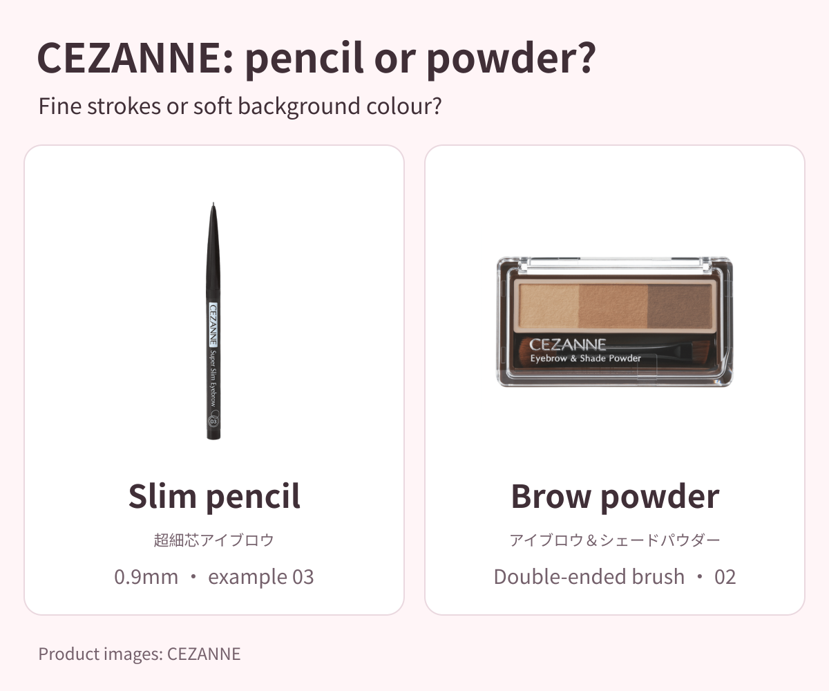 CEZANNE brow tools compared: Super Slim Eyebrow 03 pencil on the left for fine strokes and current Eyebrow & Shade Powder 02 on the right for soft filling.