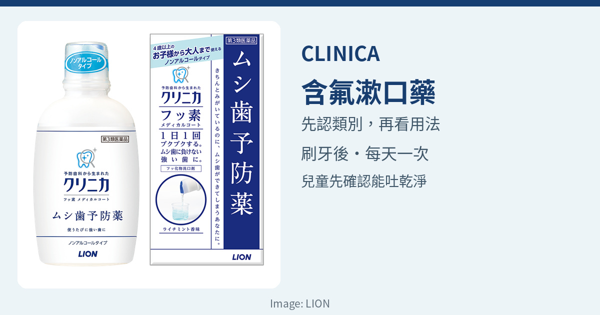 Clinica含氟漱口藥日本包裝：先辨認類別，再確認刷牙後每日一次用法