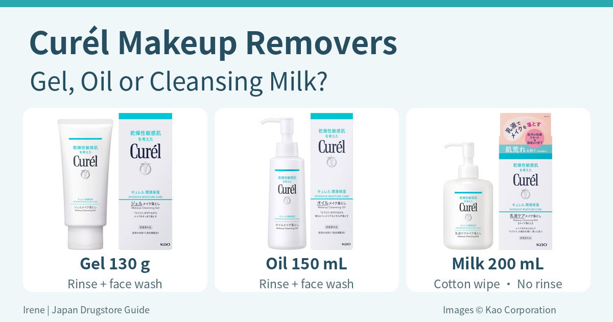 Curél Japan makeup remover comparison: gel130 g, oil150 mL and milk200 mL; rinse and face wash versus cotton wiping