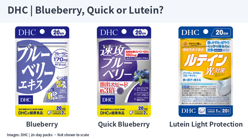 Japanese DHC 20-day Blueberry Extract, Quick Blueberry and Lutein Light Protection packages