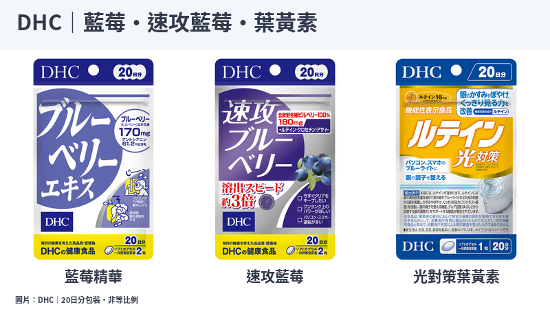 DHC日本20日分藍莓精華、速攻藍莓及光對策葉黃素官方包裝