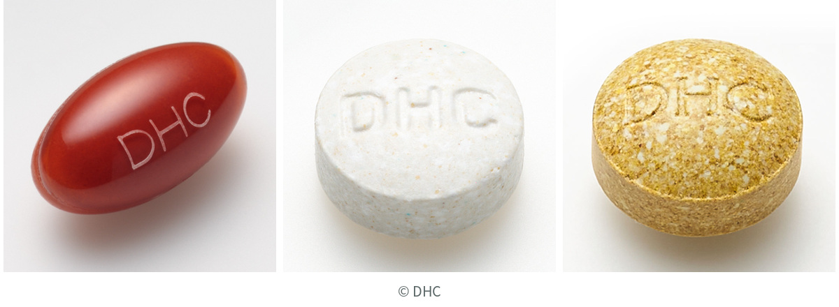 Left to right: DHC Multi Vitamin soft capsule, Multi Mineral tablet and Perfect tablet; enlarged, not a true-scale size comparison