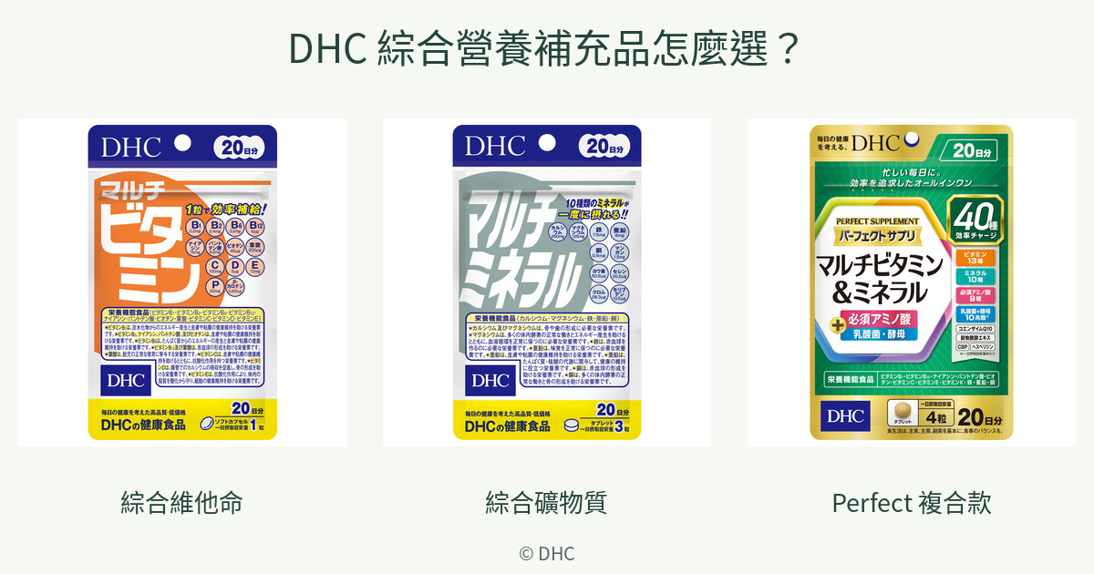 DHC綜合維他命、礦物質及Perfect複合款完整包裝比較