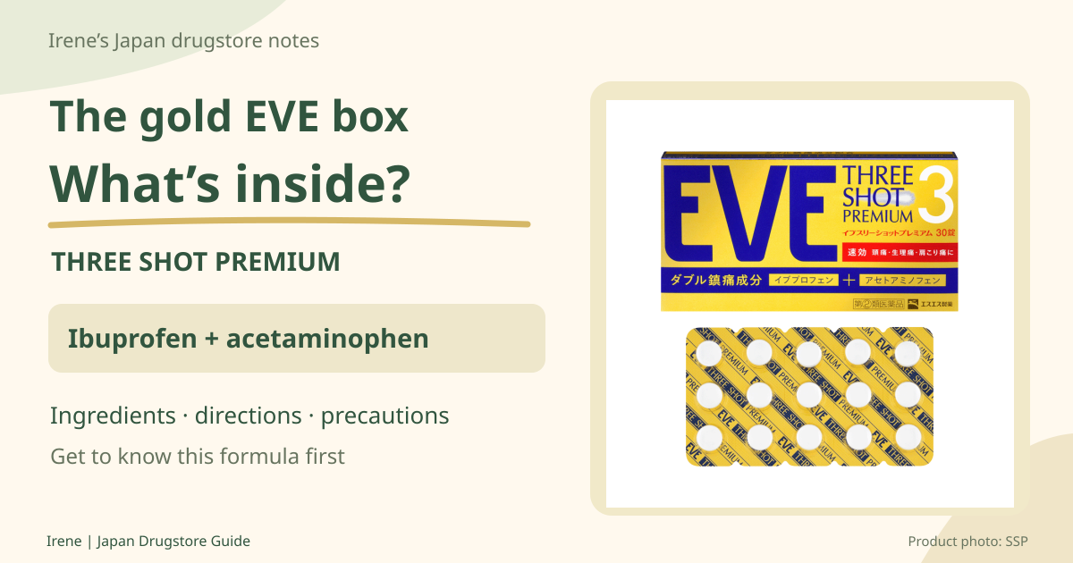 Full gold EVE THREE SHOT PREMIUM box and blister pack with an introduction to ibuprofen and acetaminophen.