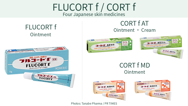 Japanese FLUCORT f and CORT f AT and MD medicine boxes and tubes