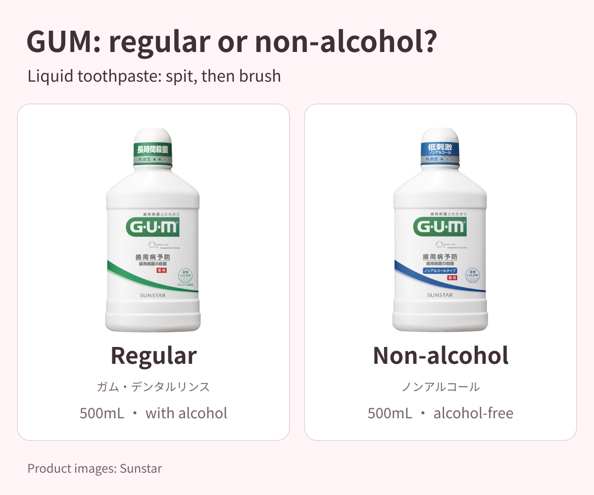 Japanese GUM liquid toothpaste: regular500mL left and non-alcohol500mL right; rinse, spit, then brush