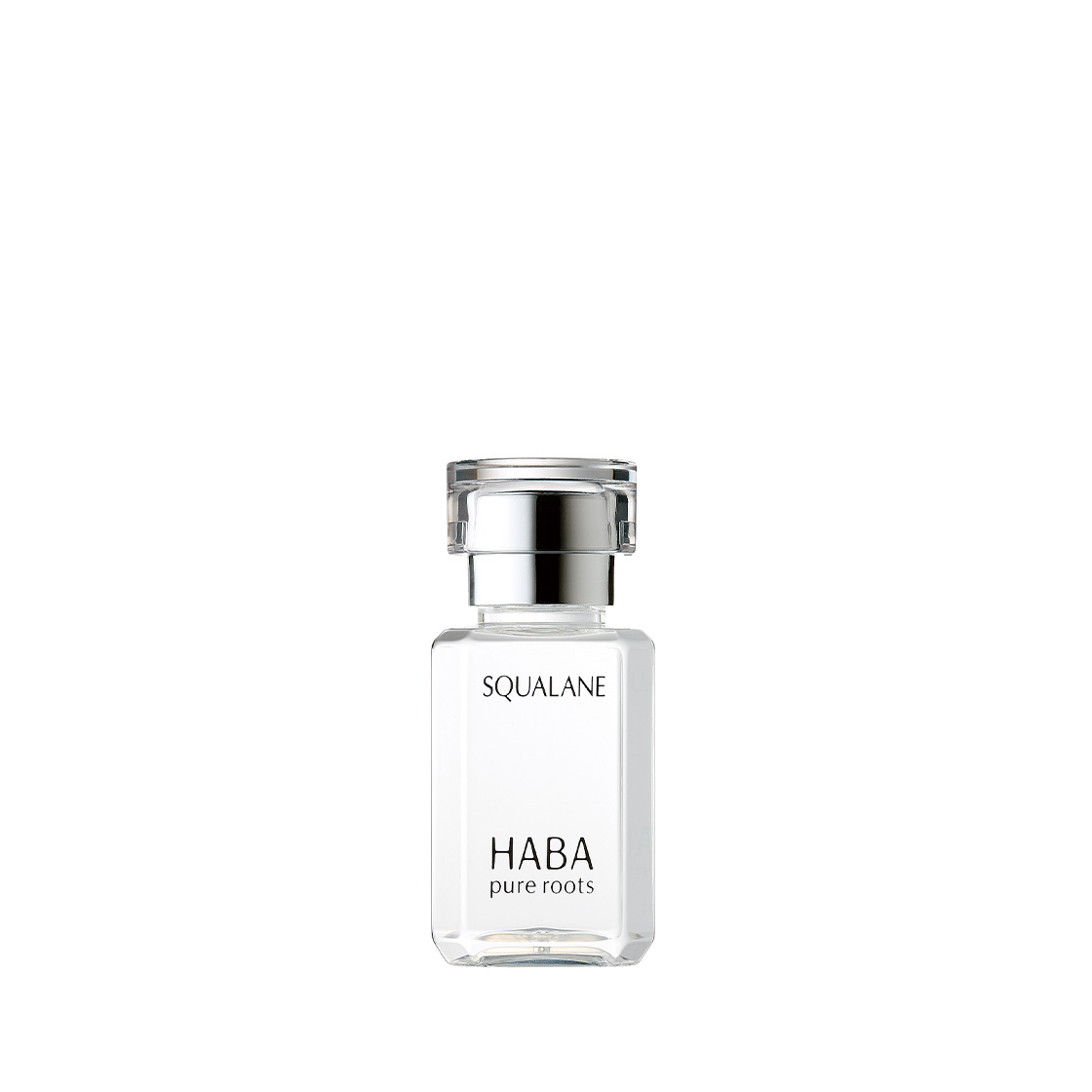 HABA原款透明瓶與銀色瓶蓋,瓶身標示SQUALANE