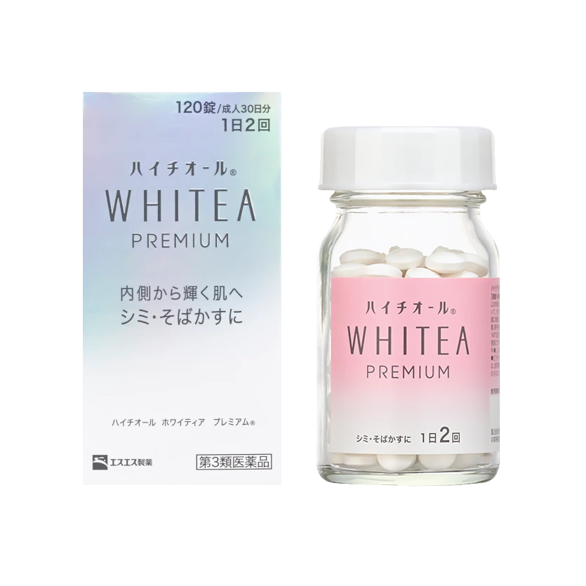 Hythiol Whitea Premium 120-tablet box and bottle, showing WHITEA PREMIUM and 1日2回