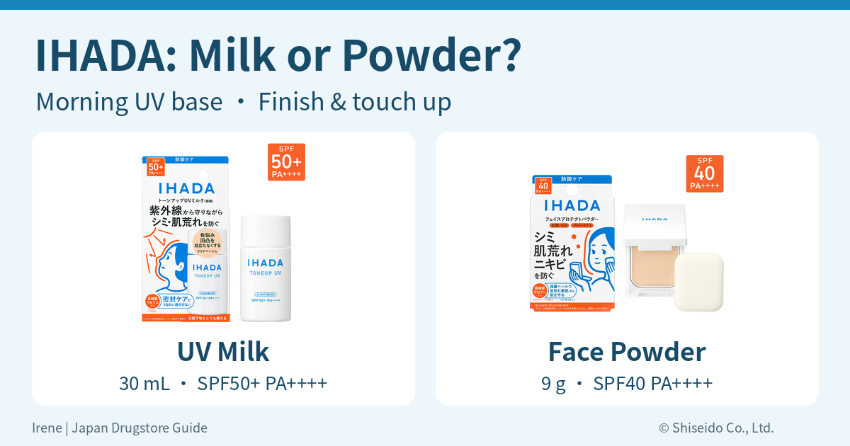IHADA Japan daytime guide: UV Milk 30 mL and Face Protect Powder 9 g, for morning base, finishing and touch-ups