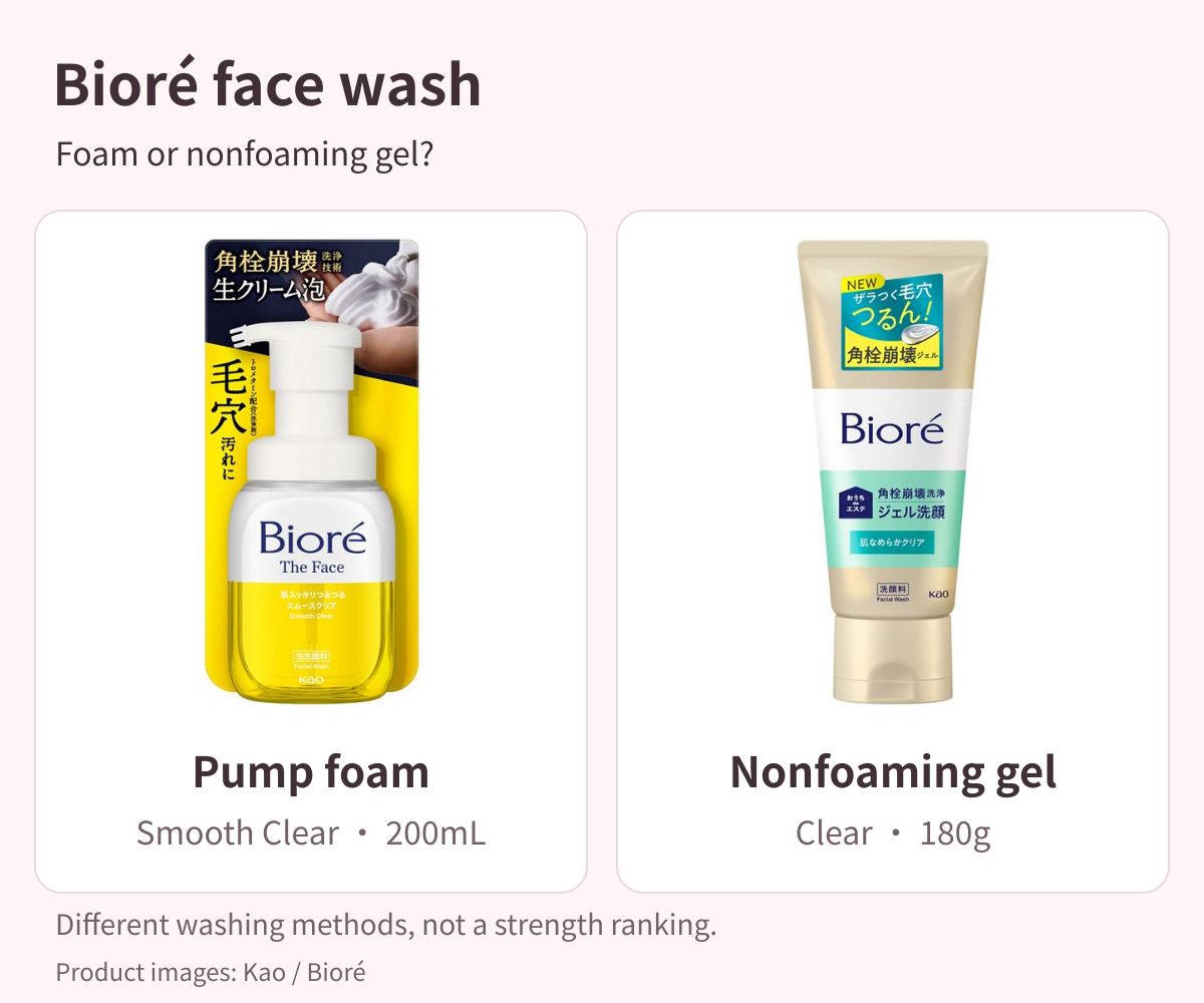 Current Japanese Bioré The Face Smooth Clear pump foam 200mL and nonfoaming Clear gel 180g packages side by side.