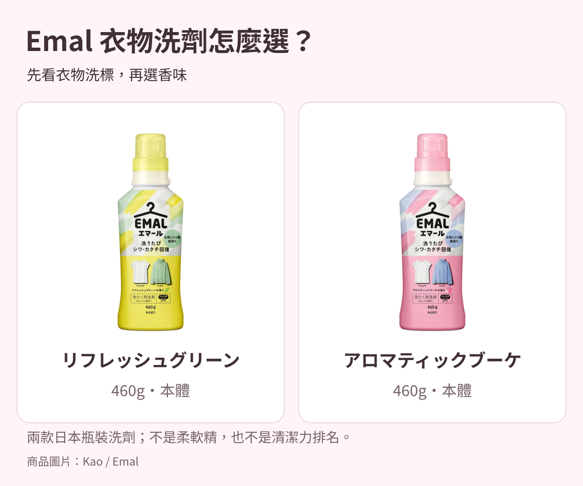 日本Emal Refresh Green與Aromatic Bouquet兩款460g本體瓶裝。