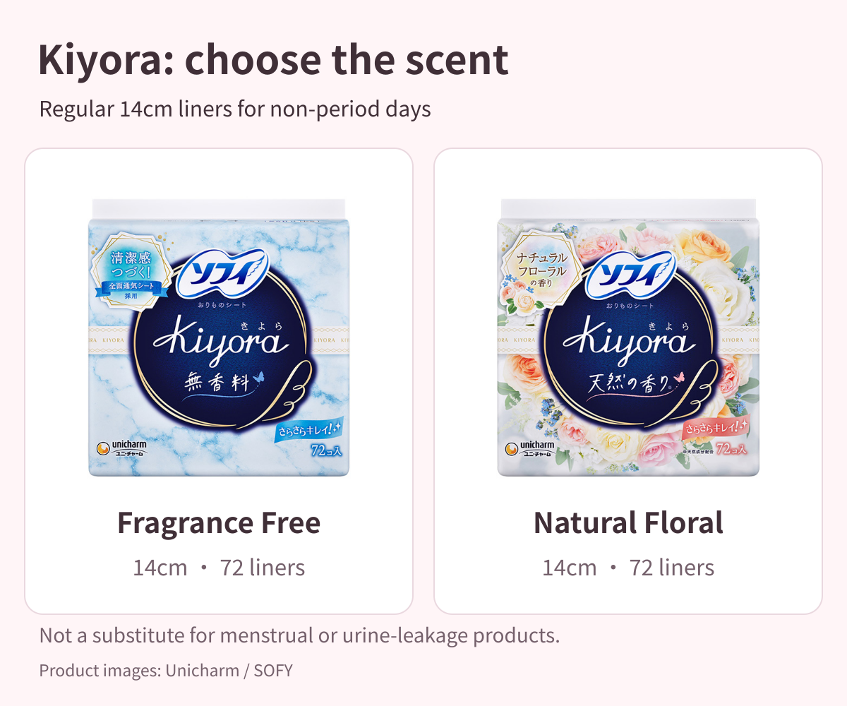 Japanese regular SOFY Kiyora Fragrance Free and Natural Floral pantyliner packs, 72 liners each.
