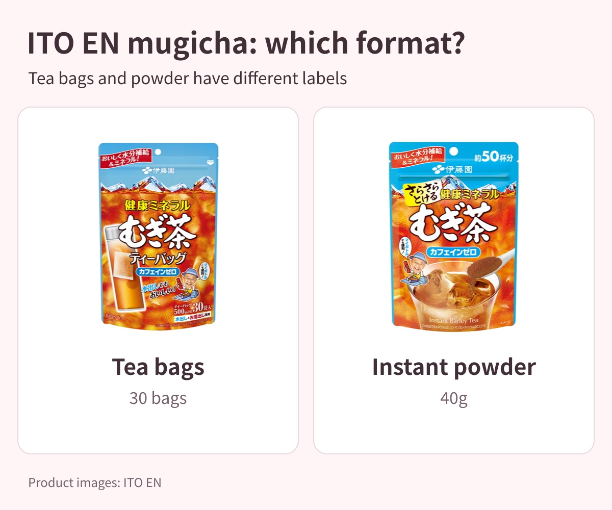 ITO EN Mineral Mugicha 30 tea bags and 40g instant powder: formats, labels and storage