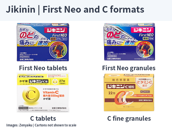 Jikinin First Neo tablets and granules beside C tablets and renewed C fine granules