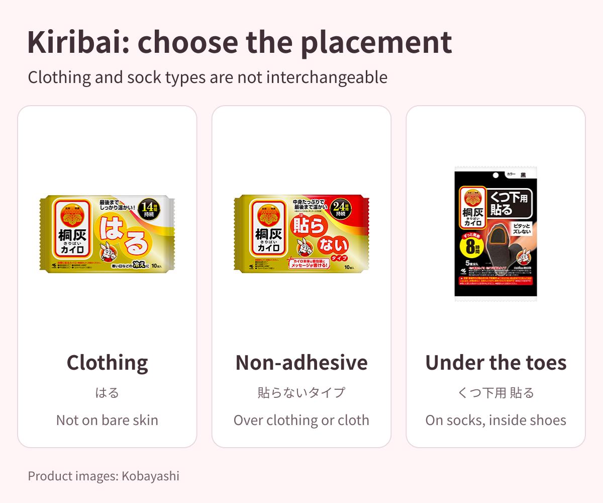 Kiribai warmers compared: clothing adhesive, non-adhesive and socks adhesive; choose by placement and follow each product warning
