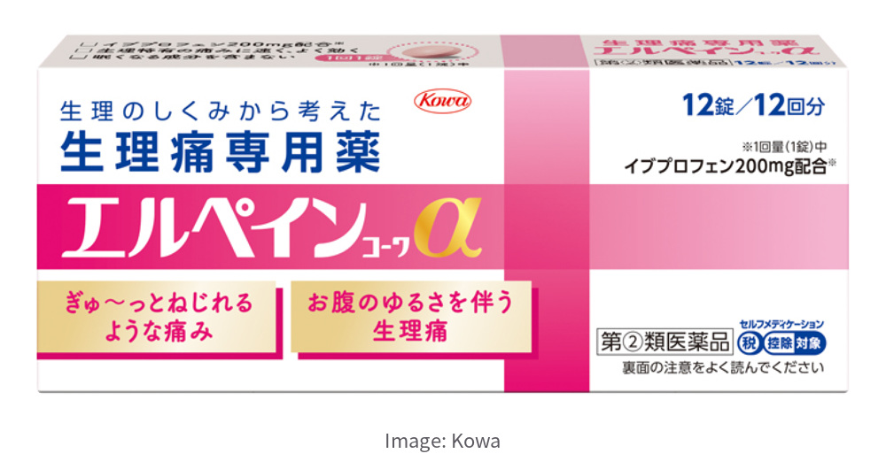 日本現行興和L-PAIN KOWA α經痛藥12錠完整外盒,可見α與每錠布洛芬200mg