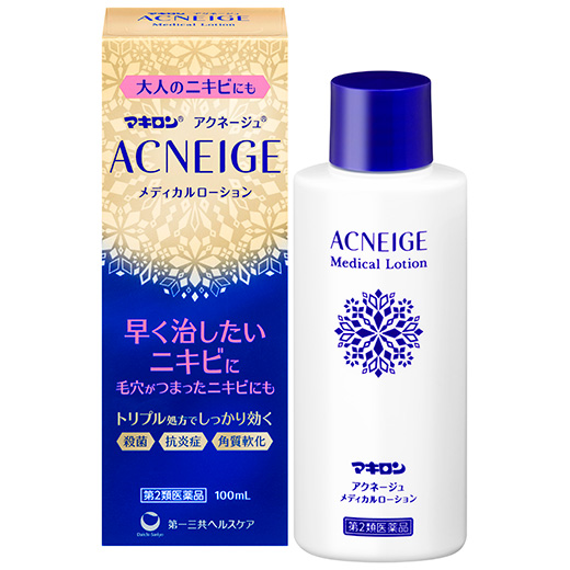 ACNEIGE Medical Lotion 100 mL外盒與瓶身。