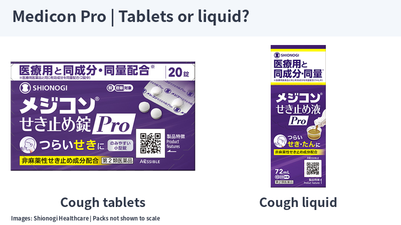 Japanese Medicon Pro cough tablets and cough liquid packages side by side