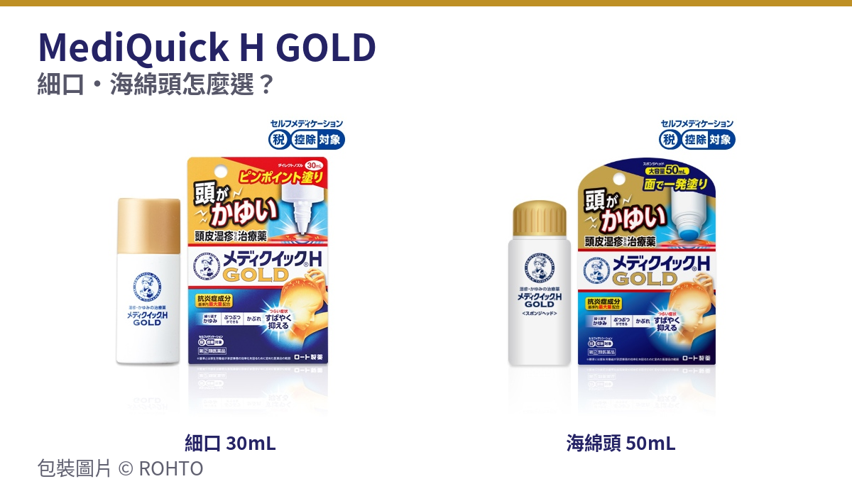 MediQuick H GOLD細口30mL與海綿頭50mL日本官方包裝比較