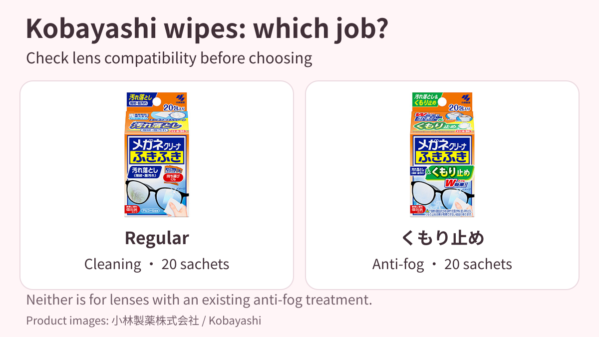 Japanese Kobayashi regular and anti-fog glasses wipes, 20 sachets each; neither is for lenses with existing anti-fog treatment.