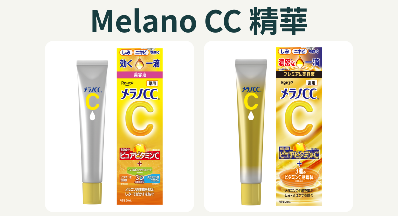 日本Melano CC一般版與Premium精華液官方外盒及軟管照片，非實際比例。