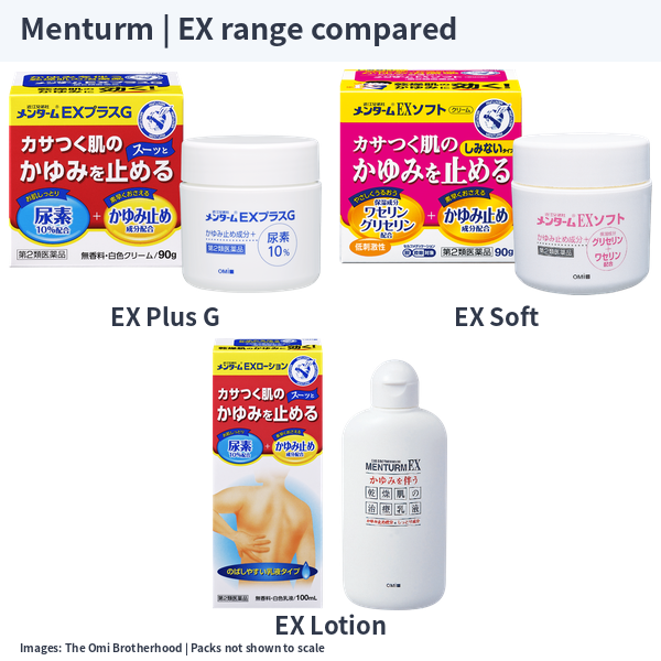 Menturm EX Plus G, EX Lotion and EX Soft cartons and containers