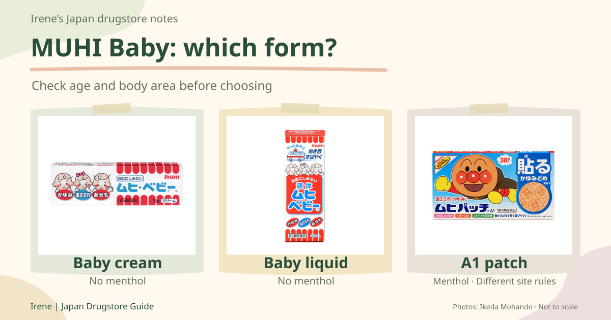 Current Japanese MUHI Baby cream and liquid packs beside the separate MUHI Patch A1 pack.