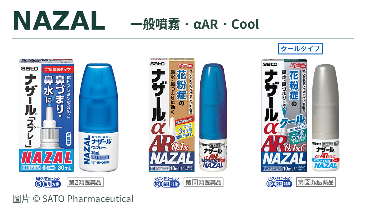 NAZAL 一般定量噴霧、αAR0.1% 與 αAR0.1%C 官方包裝