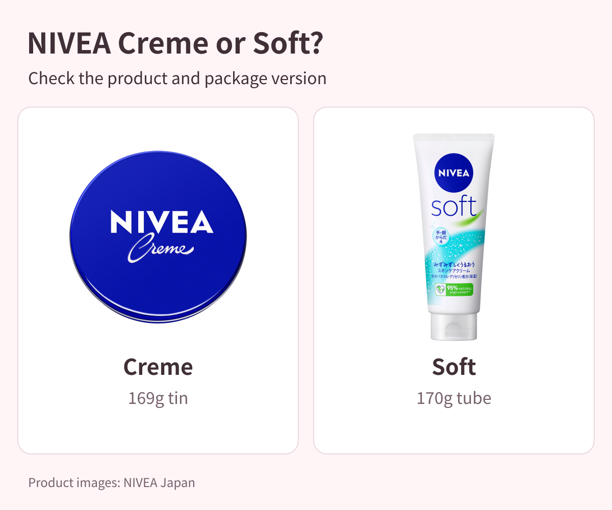 Japanese NIVEA Cream 169g blue tin and Soft 170g tube comparison