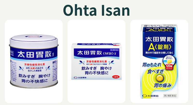 Official packages of Ohta Isan S powder tin, S sachets and Ohta Isan A tablets; not shown to scale.