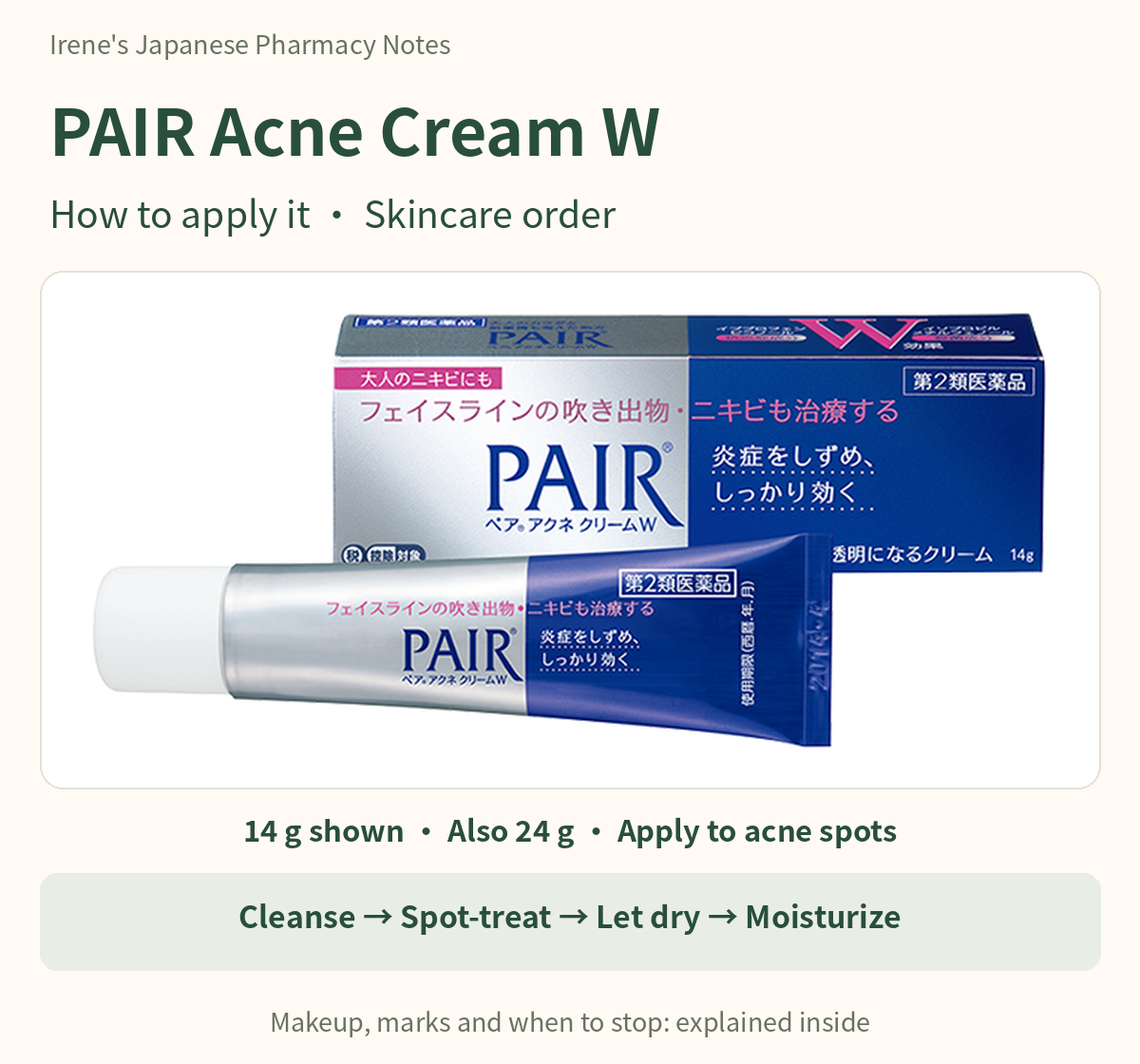 Complete Japanese PAIR Acne Cream W carton and tube with cleanse, spot-treat, dry and moisturize sequence