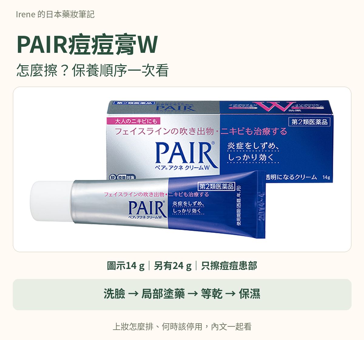 PAIR痘痘膏W完整日本外盒與軟管，搭配洗臉、局部塗藥、等乾、保濕順序
