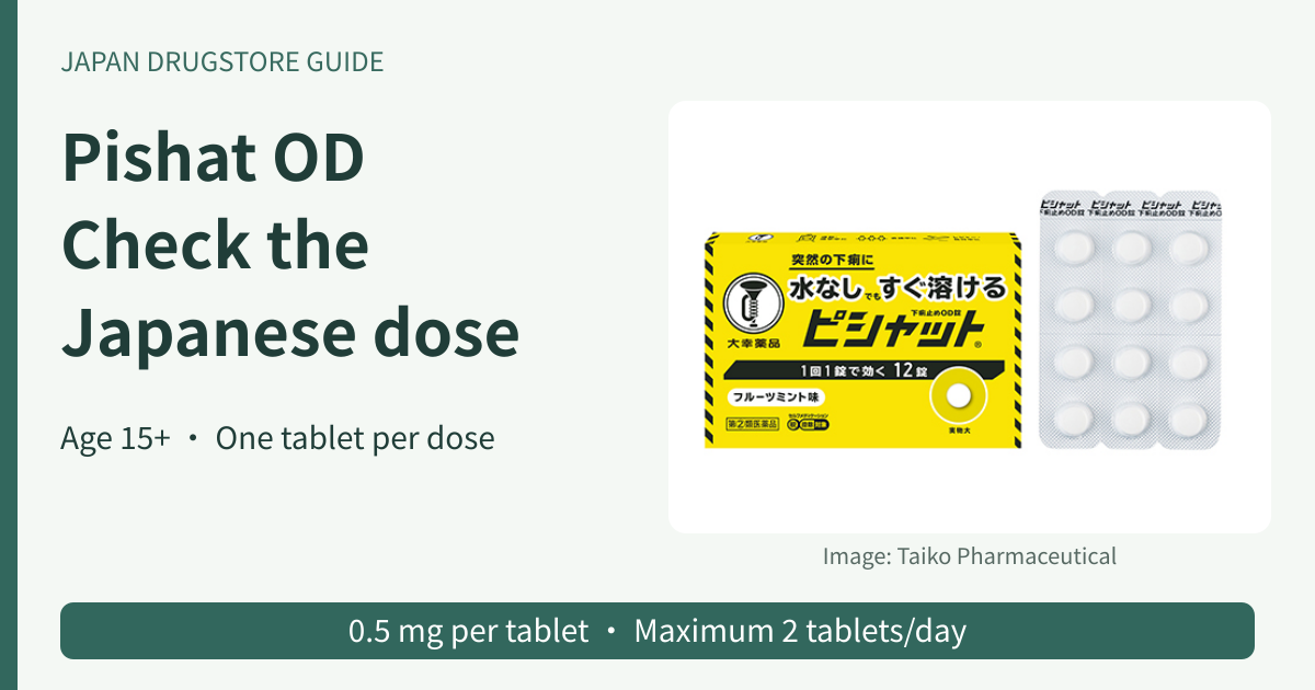 Pishat OD Japanese dose guide with complete yellow 12-tablet package and blister sheet