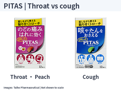 Two representative PITAS packs: peach throat troches and blue cough troches
