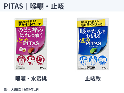 PITAS兩款代表包裝：水蜜桃喉嚨口含錠與藍色止咳口含錠
