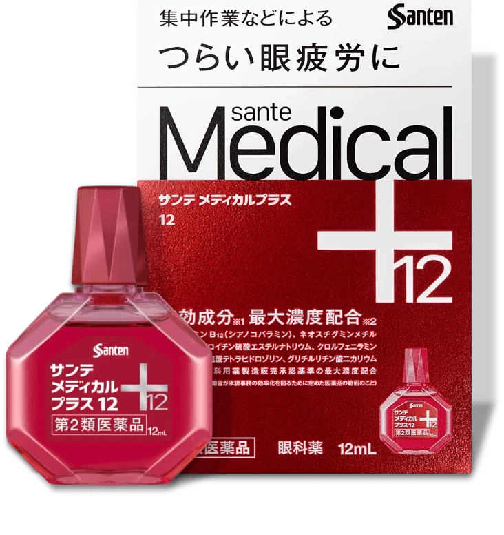 Sante Medical PLUS 12 red outer box and bottle, marked +12