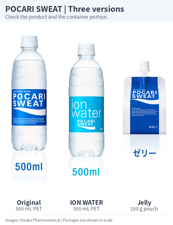 POCARI SWEAT Original and ION WATER 500 mL PET bottles beside a Jelly 180 g spouted pouch.